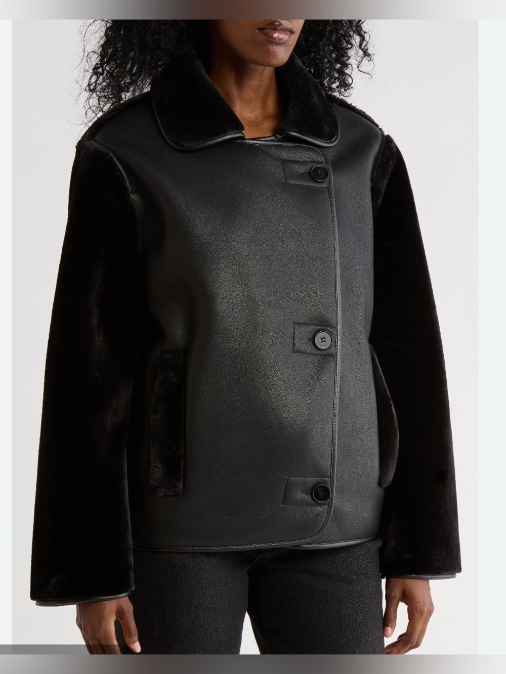NWT Black Faux Leather Jacket with Plush Trim